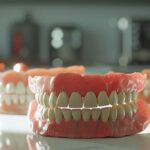 a row of gleaming, realistic snap-on dentures displayed on a spotless white countertop.