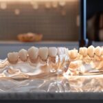a sparkling row of custom-fit snap-in dentures displayed on a polished marble countertop under bright studio lights.