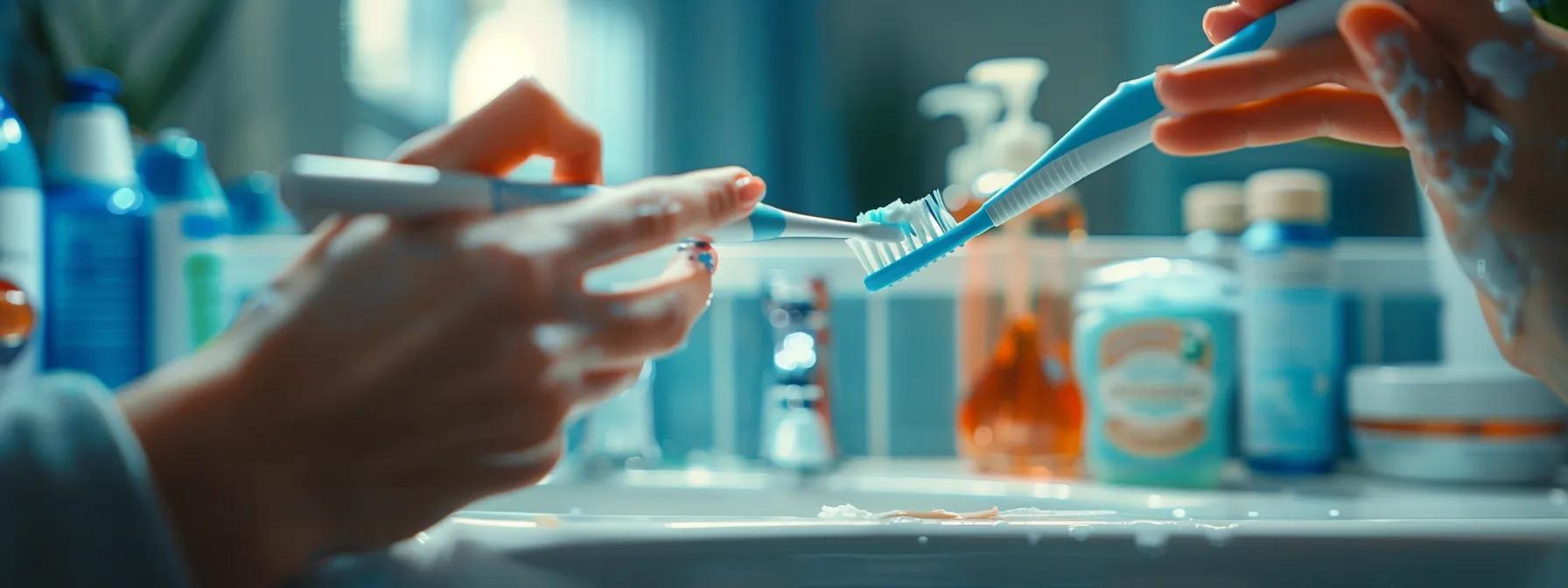 a person diligently brushing their teeth with a bright smile, surrounded by a variety of dental care products on the bathroom counter.