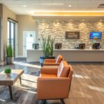 a bright, modern dental clinic in fort worth, showcasing a confident patient smiling with a restored set of sparkling dental implants, illuminated by soft, inviting lighting.