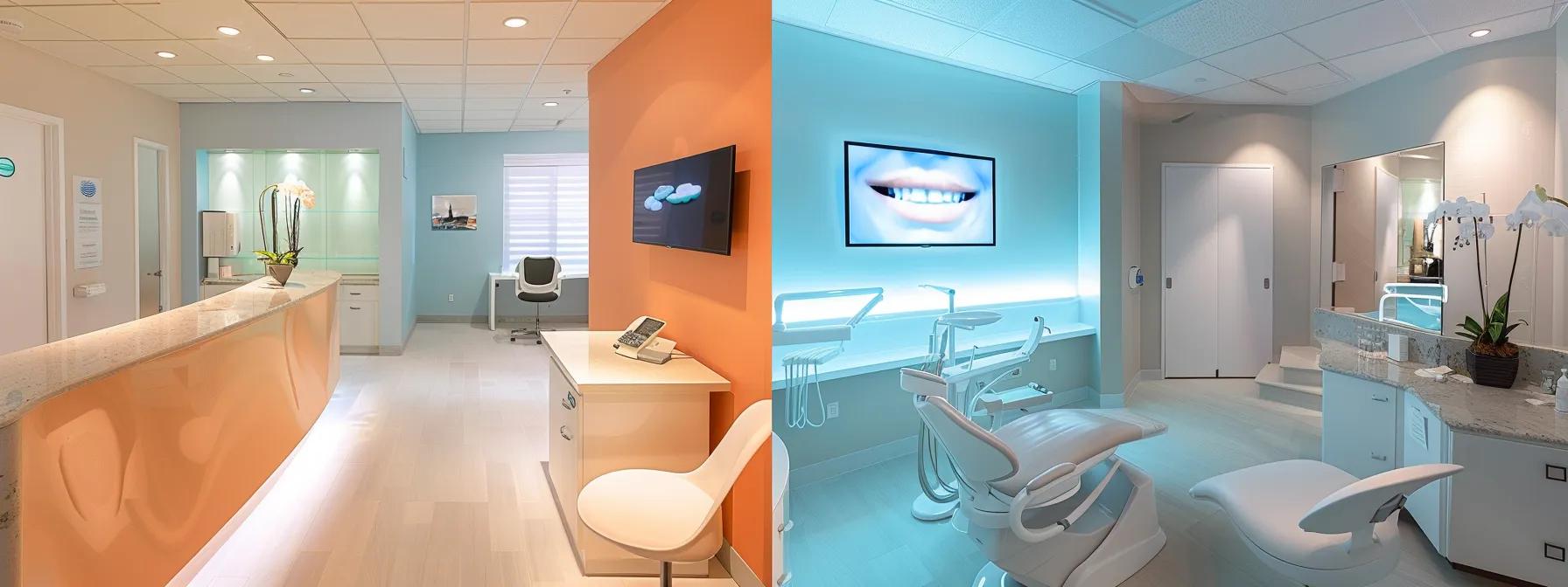 a bright, welcoming consultation room features a vibrant smile transformation before-and-after display, inviting patients to envision their ideal dental makeover.