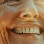 a close-up shot of a confident individual smiling broadly, showcasing their pristine dental implants against a softly lit background, symbolizing the journey to improved oral health and self-esteem.