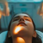 a close-up of a worried patient in a dental office, surrounded by soft, diffused lighting, capturing the tension and concern about potential tmj issues following a tooth extraction.