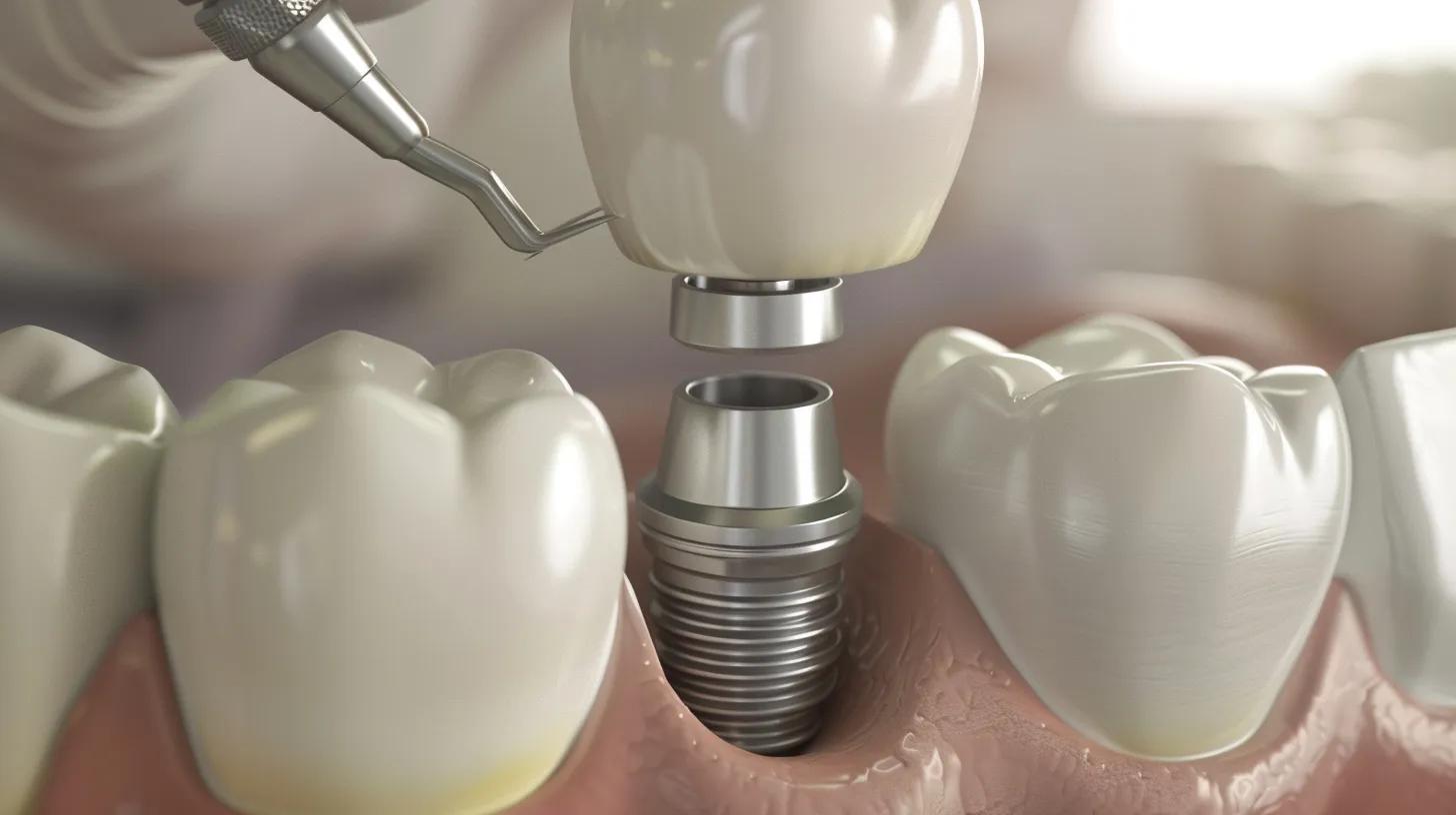 a close-up shot of a dental implant procedure in a modern clinic, with a focus on the intricate details of the implant being placed, surrounded by bright, sterile lighting that emphasizes the precision and expertise of the dental professionals.