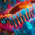 a close-up of a dental implant surrounded by a vibrant display of dental tools and materials, illuminated by soft, focused lighting to emphasize the intricate details and the importance of precision in dental procedures.