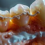 a close-up view of a patient’s mouth, showcasing vivid and intricate stitches following a wisdom tooth extraction, illuminated by soft, clinical lighting to emphasize the precision of the oral surgery.