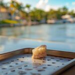 a close-up shot of a freshly extracted tooth resting on a gleaming, sterile dental tray, surrounded by a vibrant backdrop of lake worth's scenic waterfront, capturing the striking contrast between the clinical and the natural.