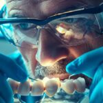 a close-up of a confident dentist examining a dental implant model under bright, focused lighting, showcasing meticulous attention to the causes of implant failure in fort worth.