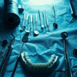 a close-up of a dentist's tools laid out on a sterile blue draped surface, with a bright light illuminating an open mouth ready for a tooth extraction, symbolizing the battle against periodontal disease in a clinical setting.
