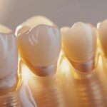 a close-up of a polished dental implant alongside a glistening porcelain crown, illuminated by soft, diffused lighting that highlights the intricacies of dental craftsmanship and emphasizes the importance of quality in oral health.