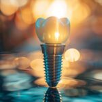 a close-up of a gleaming dental implant resting on a reflective surface, surrounded by a soft, warm light that emphasizes its intricate details and conveys the sophistication of modern dentistry.