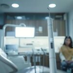 a concerned patient sits in a bright, sterile dental clinic, gazing anxiously at the dentist while a digital thermometer nearby displays a high temperature, symbolizing the possibility of fever after tooth extraction.