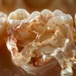 a dramatic close-up of a swollen jaw, highlighted by stark lighting and focused on the inflamed gum area surrounding an extracted wisdom tooth.