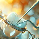 a dramatic close-up of a tooth being extracted, showcasing the glimmering dental tools and the stark contrast of the bright surgical lights against the sterile backdrop of a dental clinic.