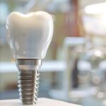 a dramatic close-up of a concerned patient examining a dental implant in a bright, modern dental office, highlighting the subtle imperfections and warning signs that signal potential failure.