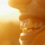 a radiant smile of a confident individual with bright white teeth and a beaming expression, set against a softly blurred, warm-lit background that highlights the transformative power of dental implants.