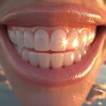 a radiant smile showcasing a pristine single tooth dental implant, set against a serene backdrop of lake worth's sparkling waters reflecting the golden glow of a sunset.