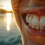 a radiant smile showcasing vibrant, natural teeth after an all-on-4 dental implant procedure, set against the serene backdrop of lake worth's picturesque shoreline during golden hour.