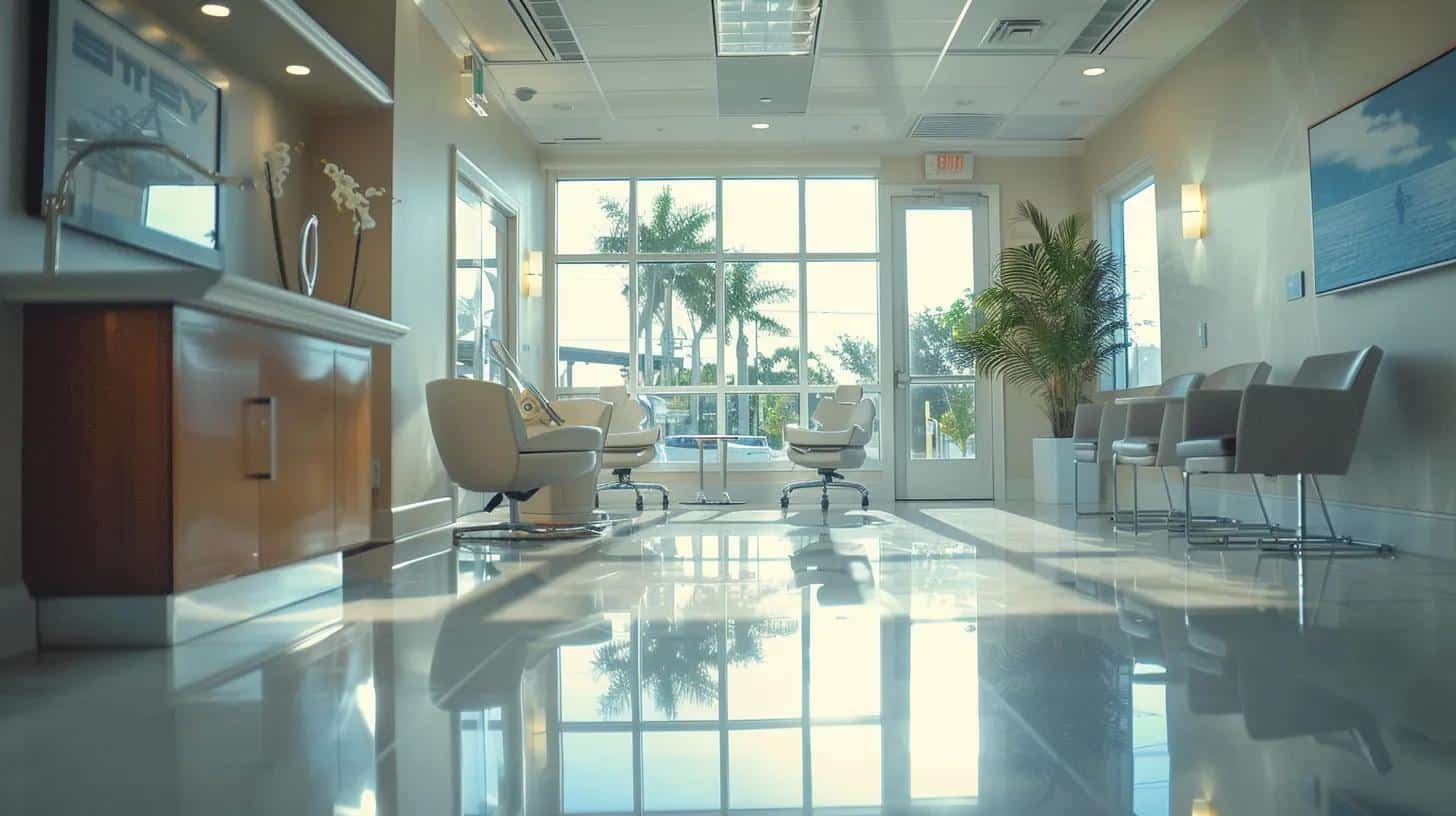 a serene dental clinic in lake worth, showcasing a bright and welcoming environment where a confident patient engages in a consultation about dental implant options, illuminated by soft, natural light filtering through large windows.