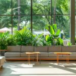 a serene dental clinic in denton, featuring a bright and inviting waiting area where patients confidently discuss affordable dental implant options amidst lush greenery and warm, natural light streaming through the windows.