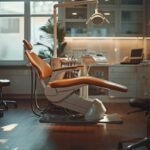 a serene dentist's office in lake worth, featuring a sleek dental chair and advanced equipment, bathed in warm, inviting light, symbolizing the transformative all-on-4 dental implants procedure.