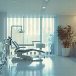 a serene, inviting dental clinic interior with sleek, modern design elements, bathed in soft, natural light, showcasing a state-of-the-art dental implant consultation area.