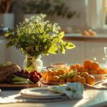 a serene kitchen table, elegantly set with a variety of soft, inviting foods, glistening under warm, natural light, symbolizes the gentle return to eating after a tooth extraction.