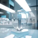 a sleek, clean dental office displays an elegant, translucent dental implant surrounded by visually engaging graphics depicting transparent pricing and hidden costs, illuminated by soft, natural light for a calm and informative atmosphere.