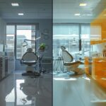 a vibrant, clinical dental office setting showcasing a single tooth implant on one side and traditional dentures on the other, illuminated by bright, natural light to highlight the contrast between modern and traditional dental solutions.