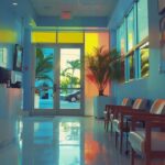 a vibrant dental clinic in lake worth, showcasing a welcoming atmosphere with a prominently displayed cost comparison chart featuring affordable dental implant options, illuminated by soft, natural light streaming through large windows.