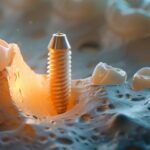 a visually dramatic close-up of a cutting-edge dental implant surrounded by healthy bone tissue, illuminated by soft, clinical lighting to emphasize the innovative technology in overcoming bone loss.