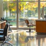 a warm, inviting dental office in denton, texas, showcasing a pristine set of affordable dentures prominently displayed on a polished surface, illuminated by soft, natural light filtering through large windows.