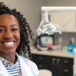 a warm, inviting dental office in tyler, texas, showcasing a smiling patient confidently displaying their new affordable dentures against a backdrop of bright, cheerful decor.