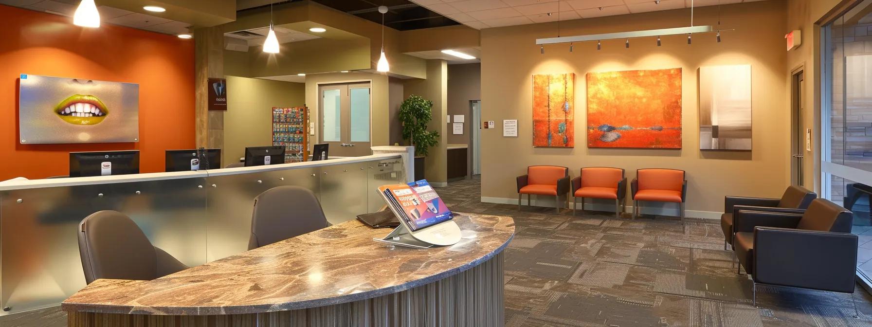 a bright, modern dental office glistens under warm lighting, showcasing an inviting consultation area with a sleek dental chair and vibrant smile enhancement brochures neatly arranged on a polished table.