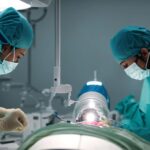 a close-up view of a skilled surgeon meticulously performing dental implant surgery in a bright, sterile operating room, highlighting the precision of the techniques used.