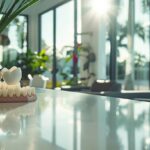 a serene dental clinic in lake worth, showcasing gleaming dental implants on a polished countertop, illuminated by soft, natural light streaming through large windows, conveying a sense of trust and professionalism.