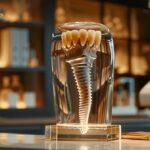 a visually striking image showcases a modern dental clinic in denton with a sleek dental implant model prominently displayed, juxtaposed against traditional dental tools, illuminated by soft, inviting lighting that highlights the contrast in technology and care.