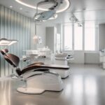 an intricately designed dental surgery room, illuminated by soft overhead lights, showcasing a misplaced dental implant on a gleaming stainless steel tray, embodying the precision and urgency of modern dental care.