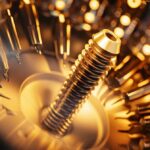 a close-up shot of a pristine dental implant nestled in a bed of surgical tools, bathed in soft, focused light that highlights the intricate details and the importance of precision in dental repair.