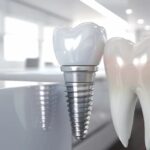 a close-up view of a dental implant procedure in a bright, sterile clinic, showcasing a gleaming dental implant being carefully placed into the jawbone under precise surgical lighting.