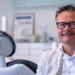 a confident patient gazes into the mirror, showcasing a radiant smile that highlights the promising potential of dental implants in a bright, modern dental clinic.