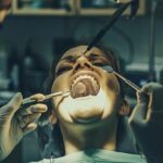 a dramatic and intense close-up of a distressed patient in a dental chair, surrounded by clinical tools and a dimly lit dental office in lake worth, capturing the tense aftermath of a complicated tooth extraction.