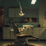 a dramatic close-up captures a dental chair in a softly lit, sterile clinic, emphasizing the tension of a patient awaiting a tooth extraction, surrounded by clinical instruments glinting faintly in the ambient light.