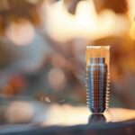 a gleaming dental implant displayed under soft, natural light, highlighting its precision-engineered details against a serene, blurred background that emphasizes the cost-effective options available for enhancing smiles.