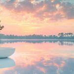 a serene landscape of lake worth at sunrise, with the calm waters reflecting soft pastel hues and a silhouette of a dental clinic in the foreground, symbolizing the healing journey following a tooth extraction.