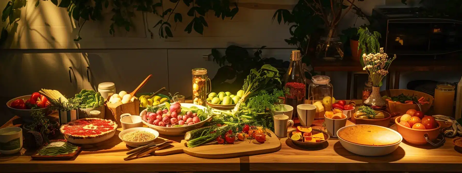 a beautifully arranged table set with an array of colorful, nutrient-rich soft foods and soothing liquids, illuminated by warm, natural light, symbolizing care and recovery after dental implant surgery.