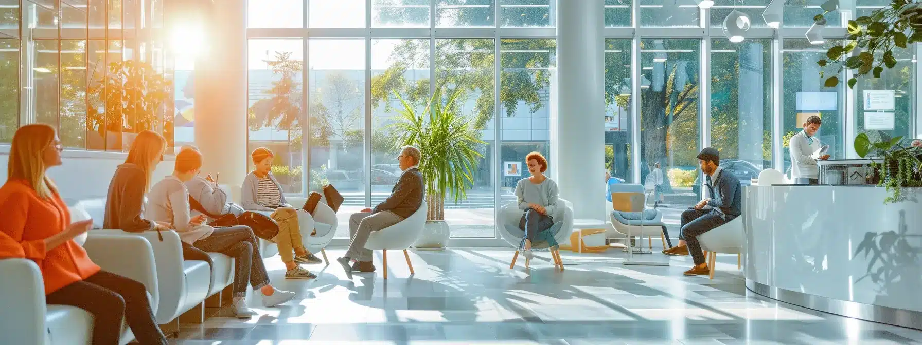 a bright and inviting dental clinic reception area showcases a warm atmosphere with patients comfortably discussing affordable payment plans for dental implants, illuminated by soft natural light streaming through large windows.