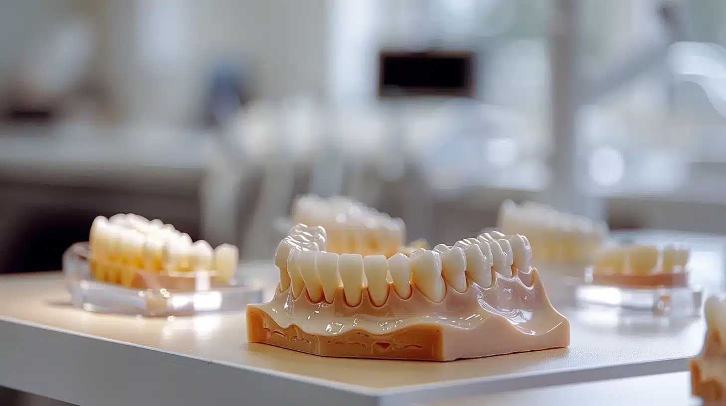 a bright, clean dental clinic showcases a serene atmosphere, featuring gleaming dental implants and dentures elegantly displayed on a polished countertop, symbolizing the importance of meticulous oral care and maintenance.