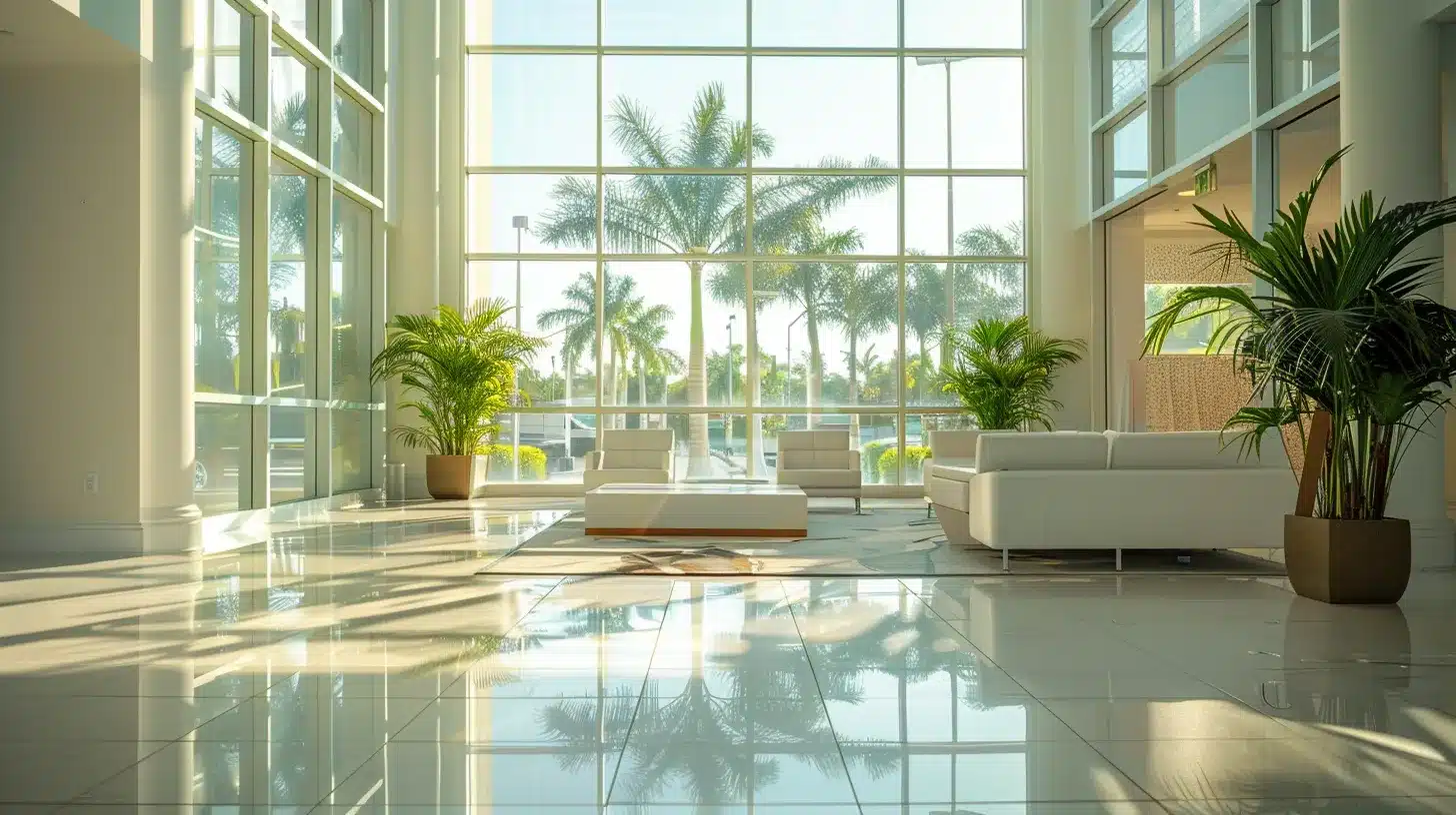 a bright, inviting dental clinic reception area in lake worth, featuring modern decor and a large window allowing natural light to illuminate a pristine consultation space, symbolizing trust and transformation for potential dental implant patients.