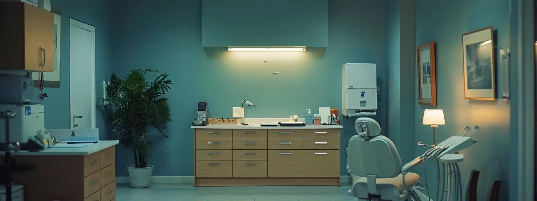 a bright, inviting dental clinic exam room showcases a patient consultation with a dentist, emphasizing open communication about post-operative care for dental implants and the importance of recovery progress in a warm, reassuring atmosphere.